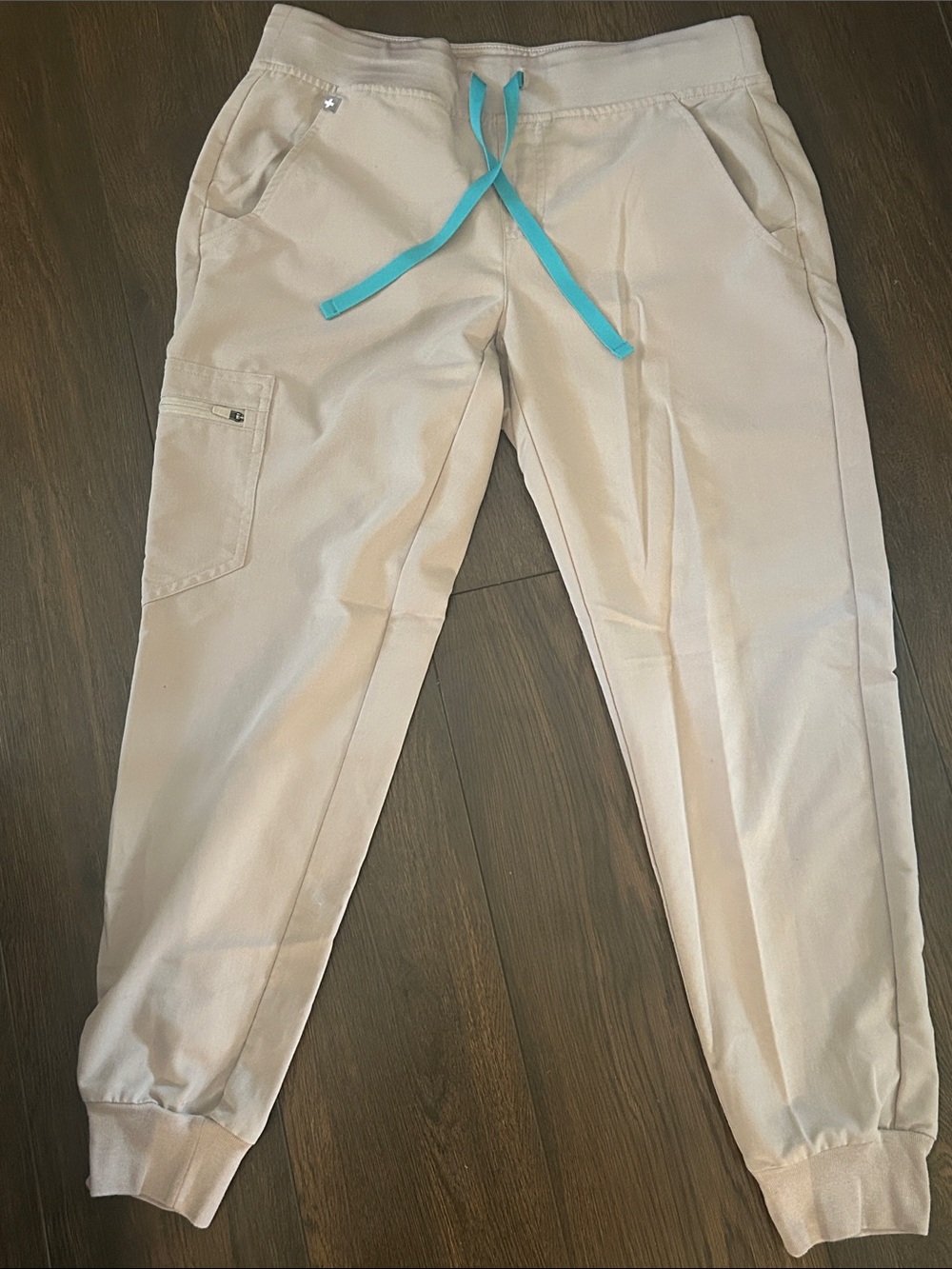 Figs Women's Beige Joggers with Teal Drawstring